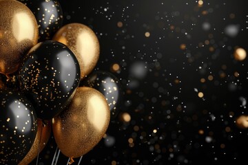 A bunch of black and gold balloons on a black background. Great for celebrations and festive events