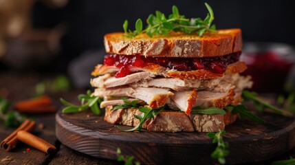 A delicious turkey sandwich with cranberry sauce on a cutting board. Perfect for a quick and satisfying meal. - obrazy, fototapety, plakaty