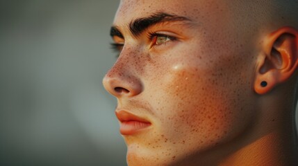 A detailed close-up of a person's face with noticeable freckles. This image can be used to depict natural beauty, diversity, or skincare