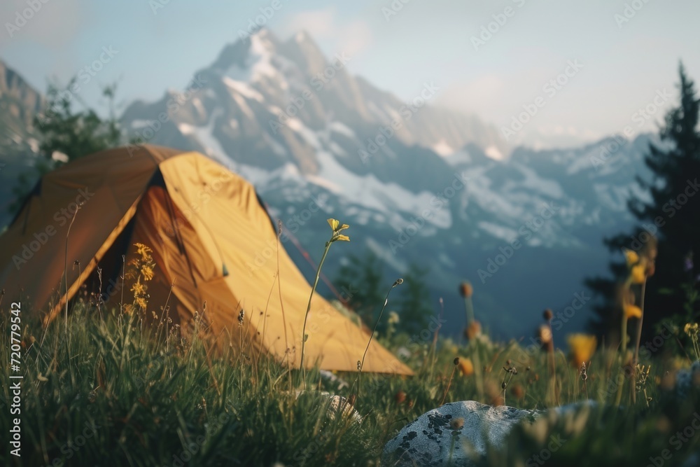 Poster a picture of a tent pitched up in a field with majestic mountains in the background. perfect for cam