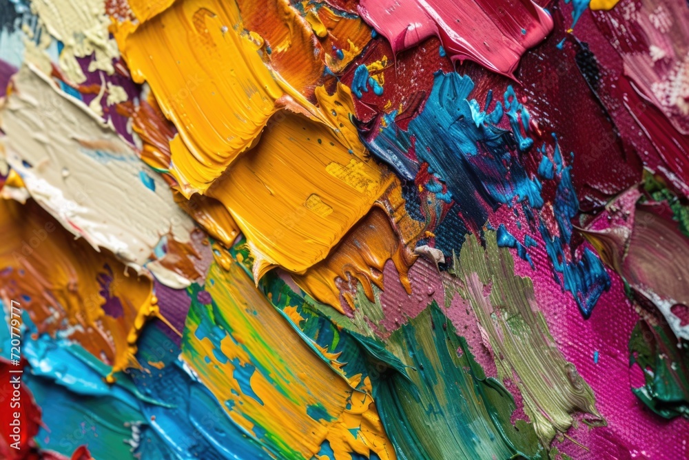 Poster A close up view of a vibrant painting with a variety of different colors. Perfect for adding a pop of color to any space