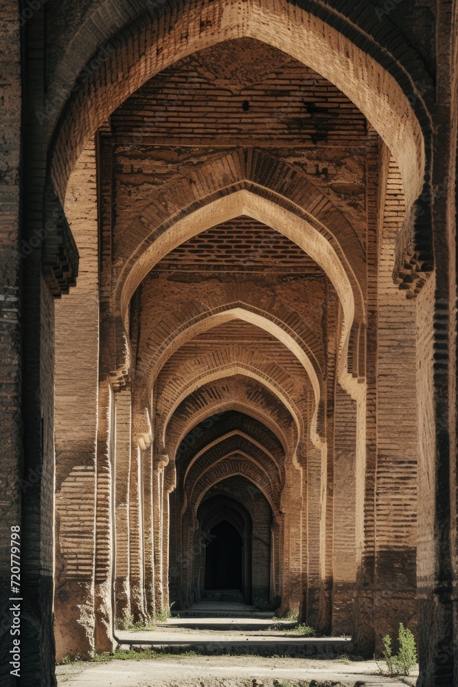 Aufkleber An archway in a brick building with columns. Can be used to depict architectural structures or historical sites