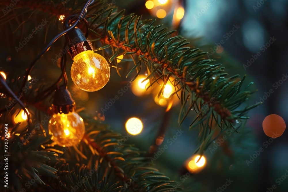 Aufkleber A detailed view of a Christmas tree adorned with sparkling lights. Perfect for adding a festive touch to holiday-themed designs