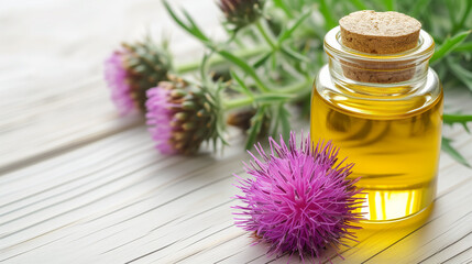 cold-pressed milk thistle oil, Silybum marianum, holy thistle, Silybum. White wooden table