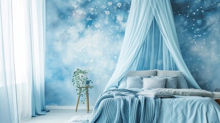 A bed canopy with an abstract watercolor pattern, set in a room with walls in a serene sky blue