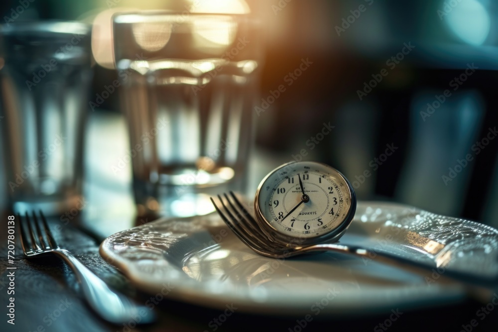Poster a clock sitting on top of a white plate next to a glass of water. suitable for time management conce