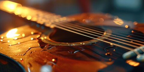 A close up view of a guitar resting on a table. Perfect for music enthusiasts or musicians looking for inspiration - obrazy, fototapety, plakaty