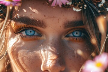 A close-up shot of a woman with flowers in her hair. Perfect for beauty, fashion, and nature-themed designs