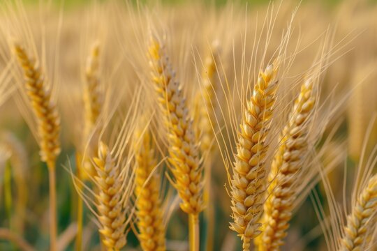 A close-up view of a bunch of wheat in a field. This image can be used to depict agriculture, farming, harvest, or the beauty of nature