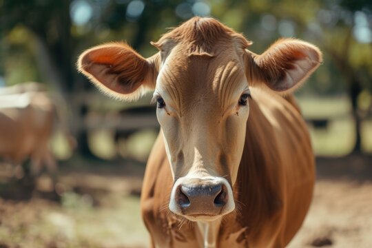 A close-up photograph of a brown cow standing in a field. This image can be used to depict farm life or the beauty of nature
