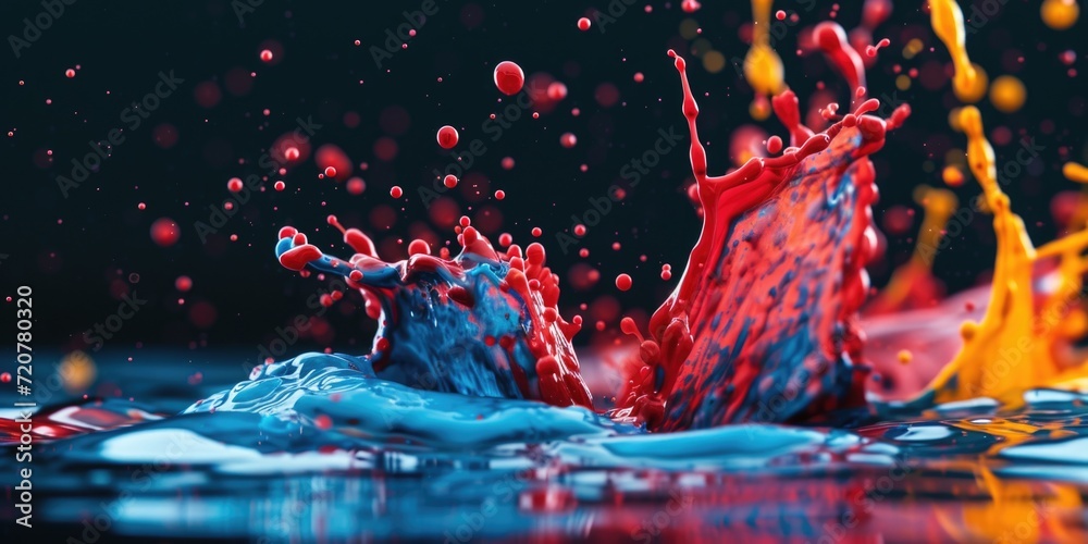 Poster A close-up view of a vibrant red and blue liquid splash. This image can be used to add a dynamic and colorful element to various design projects