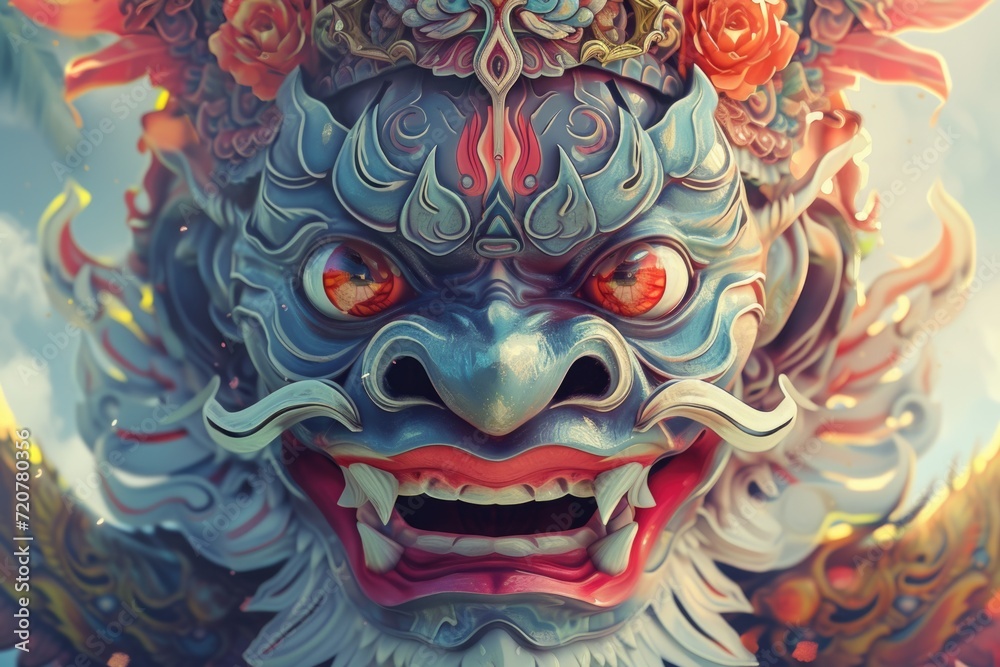 Poster A close-up view of a menacing demon statue. Perfect for adding a touch of darkness and mystery to your projects