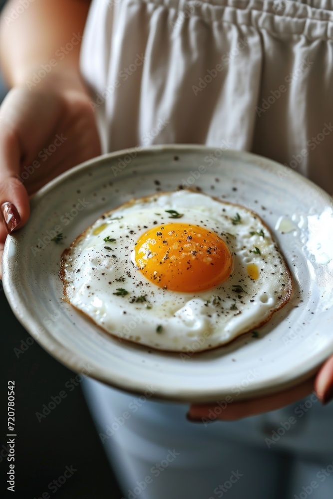 Poster A person holding a plate with an egg. This versatile image can be used for various purposes
