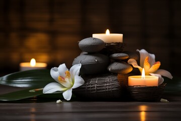 candles and stones and flower. Spa