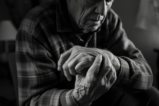 An elderly man sitting on a couch, holding his hands together in a calm and thoughtful manner. This image can be used to represent peace, contemplation, relaxation, or prayer