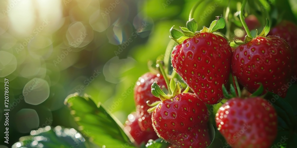 Aufkleber A close-up view of a bunch of strawberries growing on a tree. This image can be used to showcase the natural beauty of fresh fruit or to illustrate the process of growing strawberries.