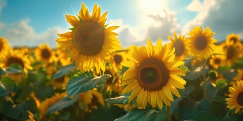 Fototapeta premium A beautiful field of sunflowers with a clear blue sky in the background. Perfect for nature and summer-themed projects
