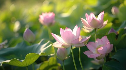 Obraz premium Pink flowers in a field, suitable for nature and floral themes