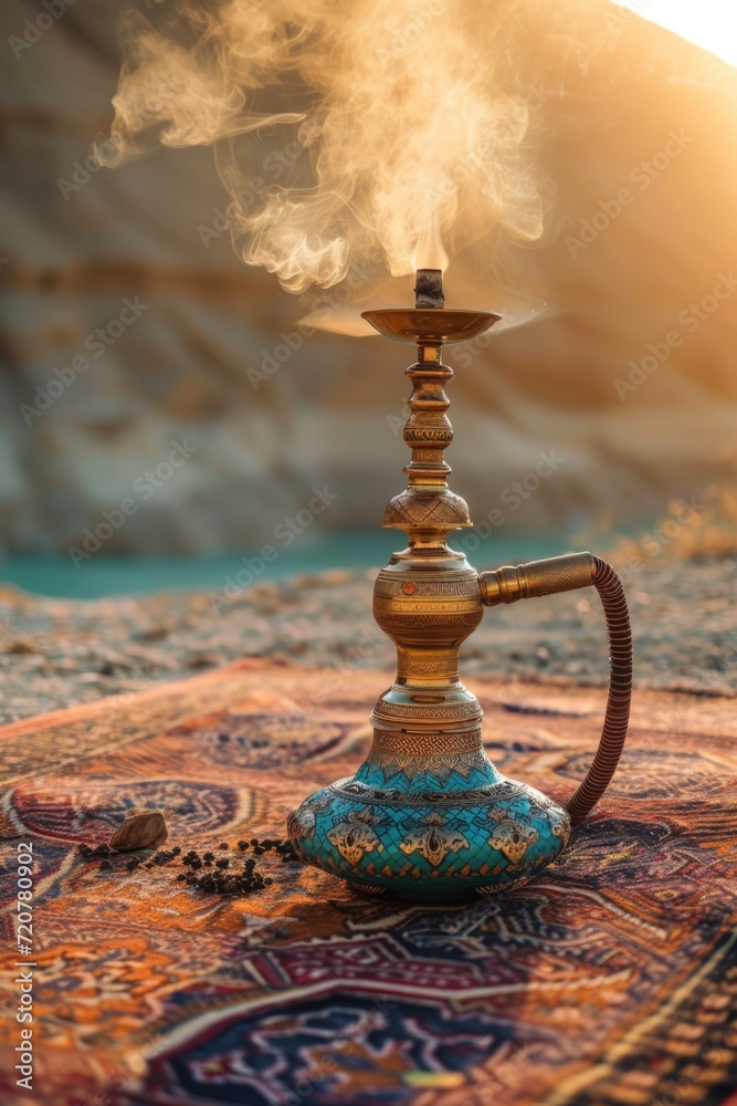 Aufkleber A hook sitting on a rug with smoke billowing out of it. Perfect for adding a touch of mystery and intrigue to your designs