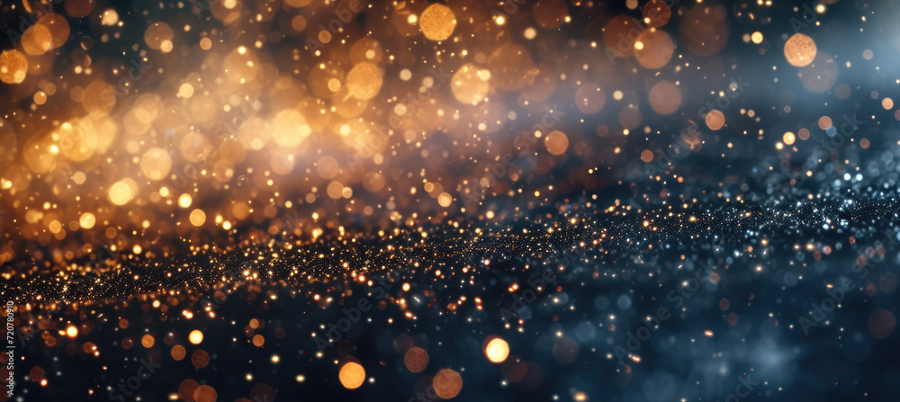 Poster Blurry image of a dark background with gold lights. Can be used for various creative projects
