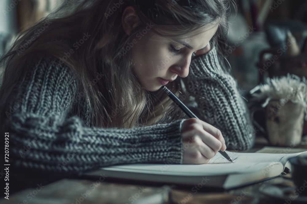 Poster a woman is captured in the act of writing in a notebook with a pen. this image can be used for vario