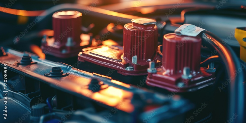 Poster A detailed view of the engine bay of a car. This image can be used to showcase automotive technology and engineering.