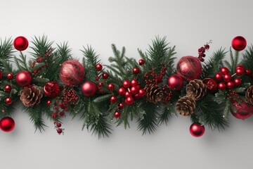 A festive Christmas garland adorned with red ornaments and pine cones. Perfect for adding holiday cheer to any space
