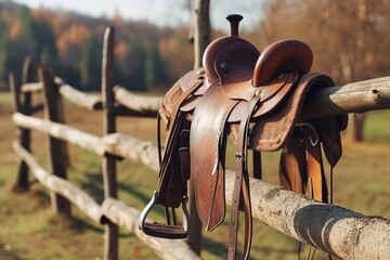 A wooden fence in a field with a saddle placed on it. Suitable for equestrian, farm, or rural-themed designs - obrazy, fototapety, plakaty