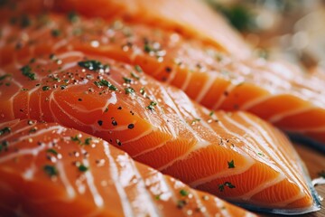 Fresh salmon fillets displayed on a wooden cutting board. Perfect for recipes, cooking blogs, and seafood enthusiasts