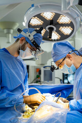 Two surgeons perform operation on patient in the operating room.