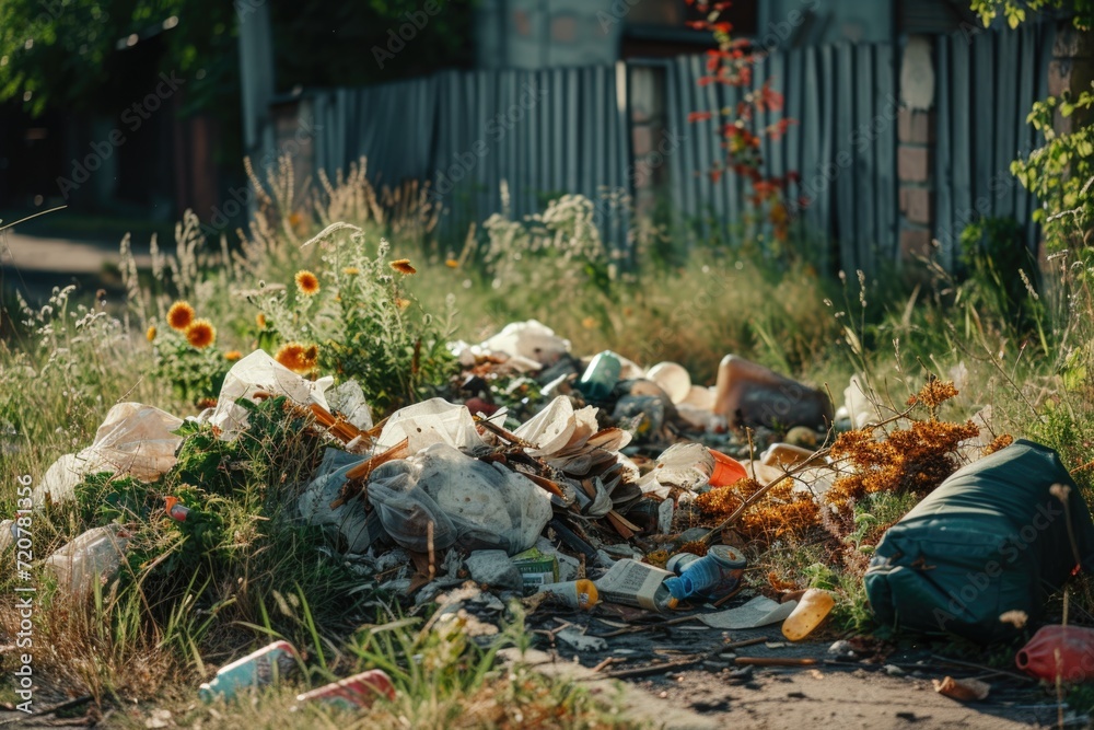 Poster a pile of garbage sitting on the side of a road. suitable for illustrating pollution or environmenta