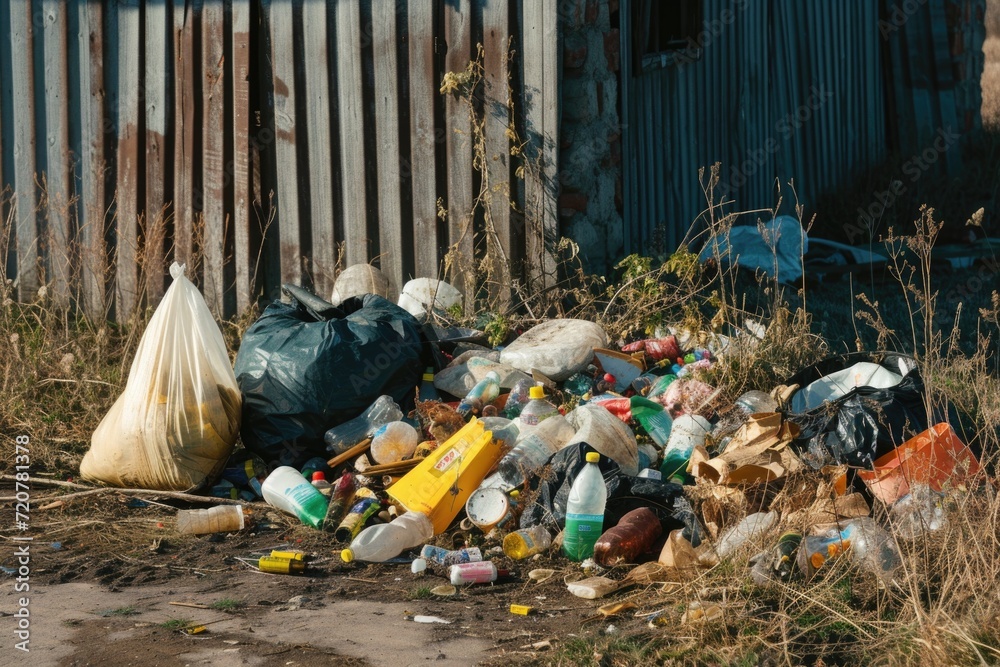 Poster a pile of garbage sitting on the side of a road. suitable for illustrating environmental pollution
