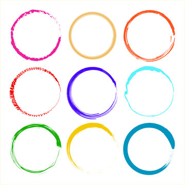 Set of 9 colored circles with brush design - Vector