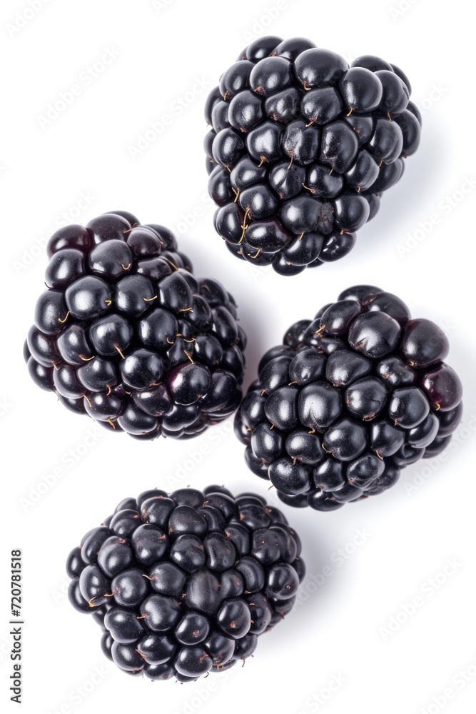 Poster three blackberries are placed on a white surface. this image can be used for food photography or to 