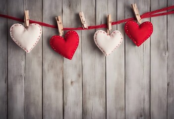  row handmade lovers hearts clothespins space red sewed background copy pillow planks rustic wood border Happy card mockup white