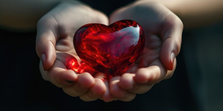 A person is holding a red heart in their hands. This image can be used to express love, affection, or support
