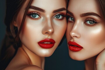 Two beautiful young women with red lipstick posing for a picture. Ideal for fashion or beauty-related projects