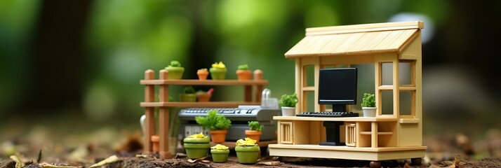 Miniature modern house with laptop on desk - real estate and remote work concept