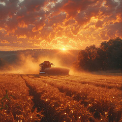 Farmers harvesting wheat. A combine truck drives through a wheat field at sunset, harvesting the golden crop.