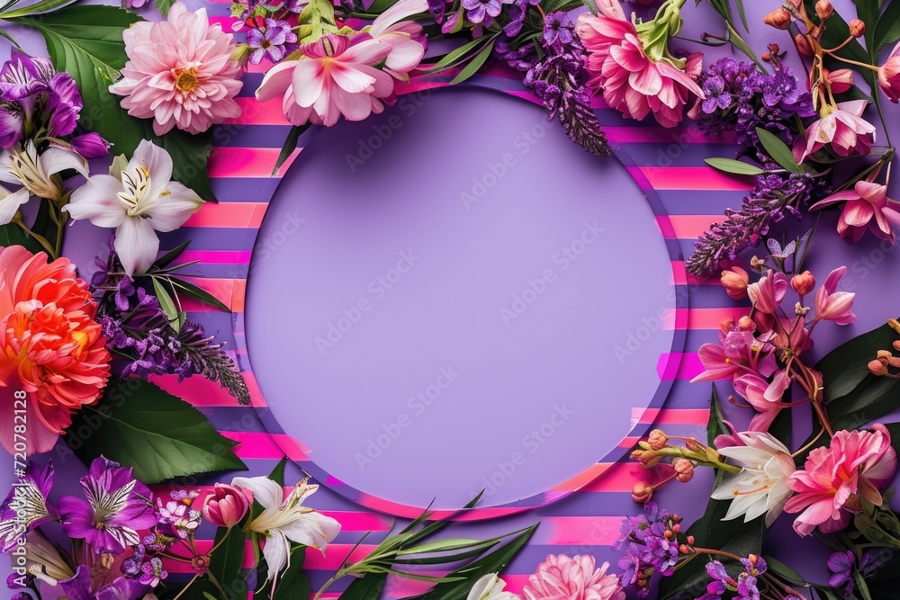 Poster a beautiful purple frame adorned with an arrangement of vibrant flowers and lush green leaves. perfe