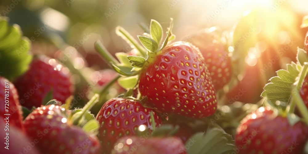 Poster a close up shot of a bunch of ripe and juicy strawberries. this image can be used in various food-re