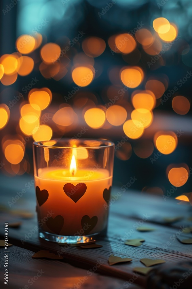 Poster A simple and elegant image of a lit candle placed on top of a wooden table. Perfect for creating a cozy and warm atmosphere.