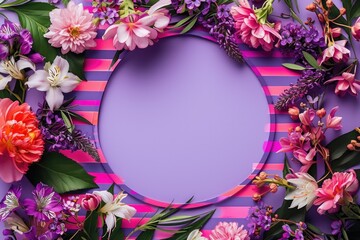 A beautiful purple frame adorned with an arrangement of vibrant flowers and lush green leaves. Perfect for adding a touch of elegance and nature to any design or project