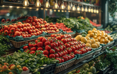 Fototapeta na wymiar The produce cases are packed. A vibrant selection of various fruits and vegetables on display in a well-stocked grocery store produce section.