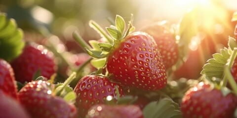 A close up shot of a bunch of ripe and juicy strawberries. This image can be used in various food-related projects and promotions