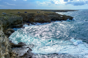 High steep stone coast during a storm in the Crimea, Tarkhankut
