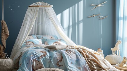 A bed canopy with a whimsical unicorn print, set in a room with walls in a dreamy periwinkle blue