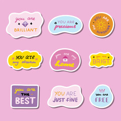Set of stickers with cute inspirational and compliment quotes for planners, notebooks. Ready for print list of cute stickers. Handwritten lettering love and motivational phrases