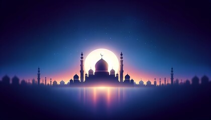 Serene Mosque Silhouette at Sunset, Islamic Culture Concept