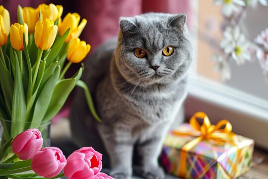 Valentine's Day. Happy gray Scottish fold cat with gift sits with flowers